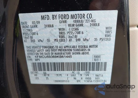 2009 Ford Escape Hybrid Limited z USA, uszkodzony, nr VIN 1FMCU59369KB61445
